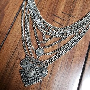 Boho Layered Silver Necklace